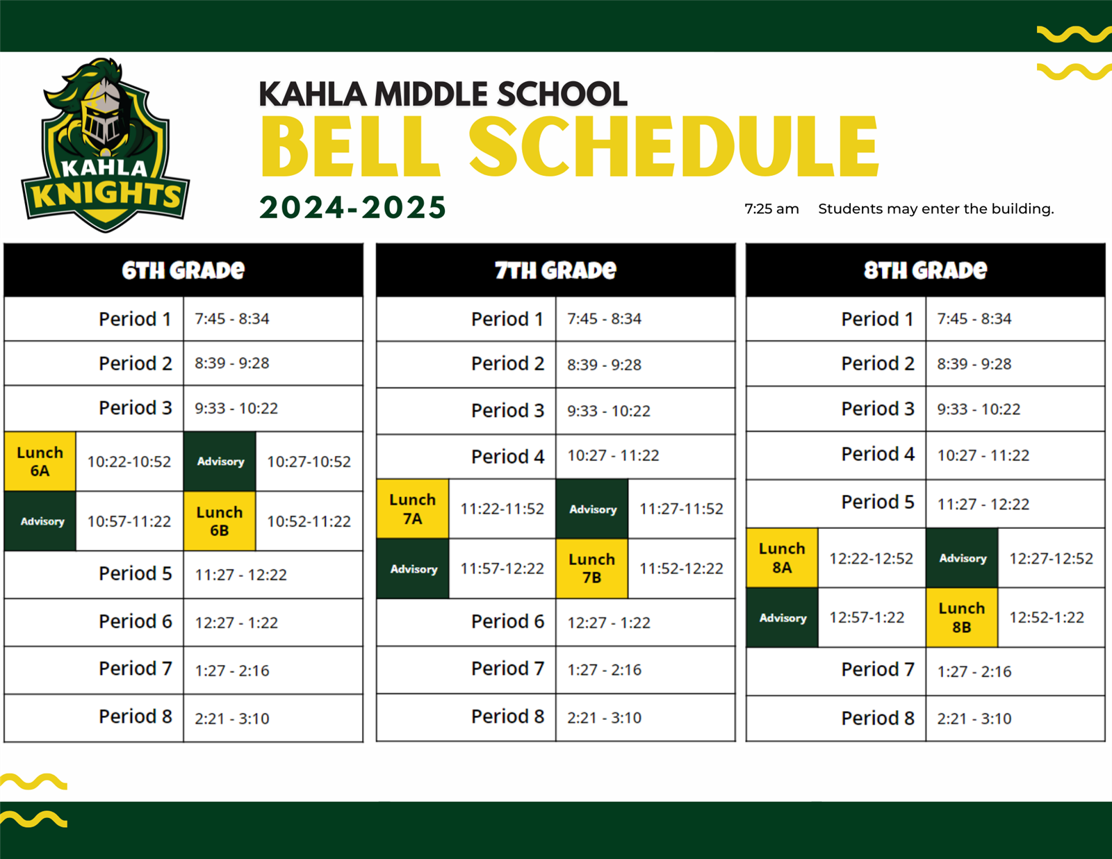 Description of the Bell Schedule : Kahla Middle School Bell Schedule 2023-2024. Students may enter the building @ 7:25